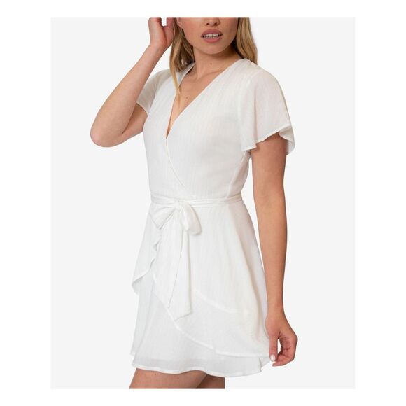 SPEECHLESS Womens White Tie-belt Flutter Sleeve Mini Dress 13 - Picture 3 of 4